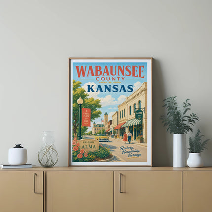 Wabaunsee County, Kansas travel poster for Alma featuring buildings, cars, and text.