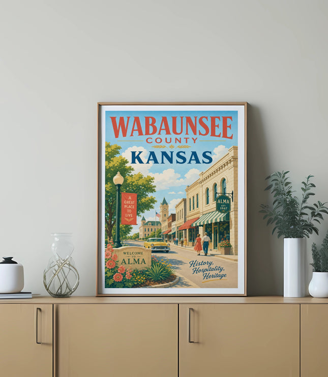 Wabaunsee County, Kansas travel poster for Alma featuring buildings, cars, and text.