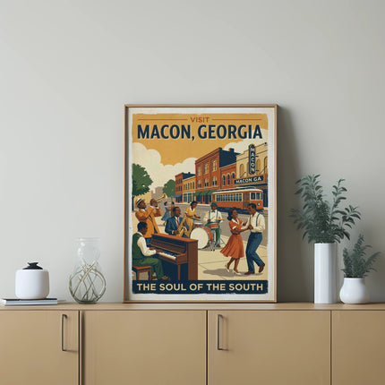 Vintage travel poster for Macon, Georgia, featuring a jazz band and text "Visit Macon, Georgia: The Soul of the South".