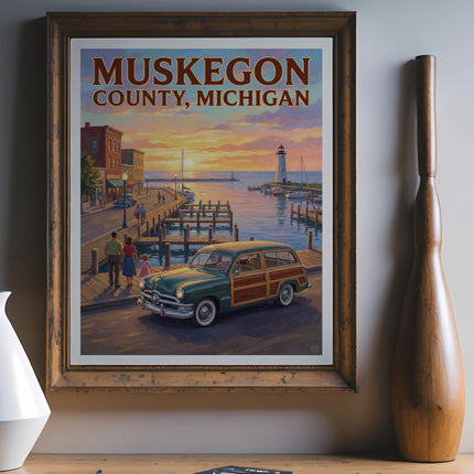Poster of Muskegon County, Michigan showing a lighthouse and woody car at sunset.