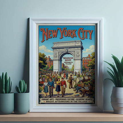 New York City poster featuring Washington Square Arch and vibrant village scene.