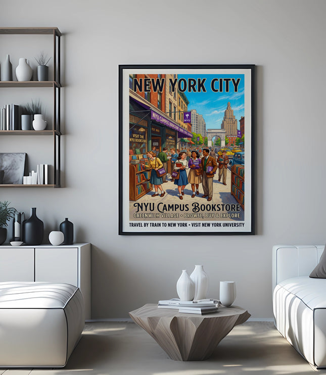 New York City vintage poster featuring NYU Campus Bookstore with people and buildings.