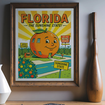 Vintage Florida Sunshine State poster featuring a smiling orange building and juice stand.