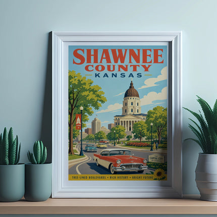 Vintage travel poster for Shawnee County, Kansas, featuring Topeka's capitol building.
