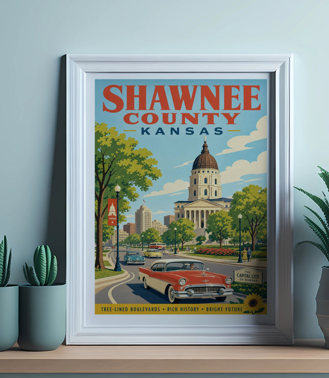 Vintage travel poster for Shawnee County, Kansas, featuring Topeka's capitol building.