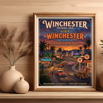 Vintage Winchester, Nevada roadside poster with neon signs, motels, and cars.