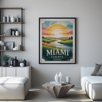 Vintage Miami County travel poster with sunset over a river landscape.