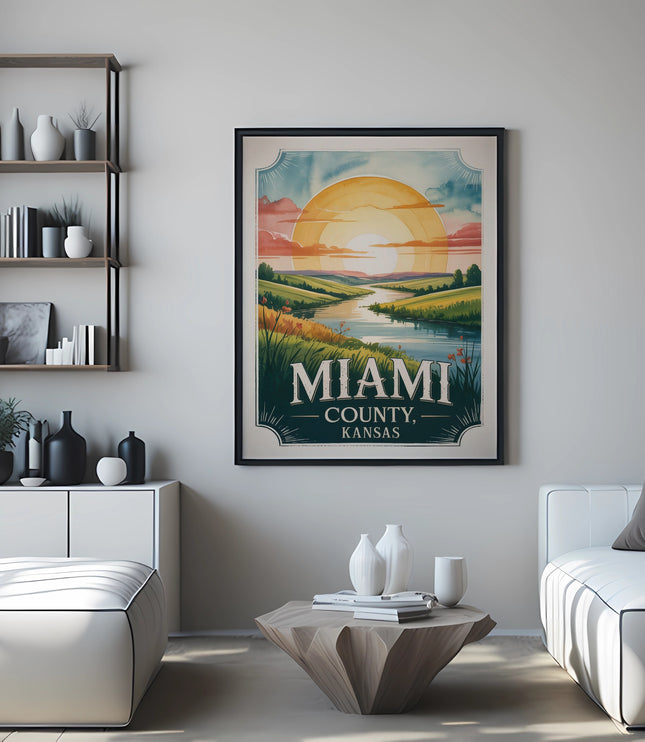 Vintage Miami County travel poster with sunset over a river landscape.