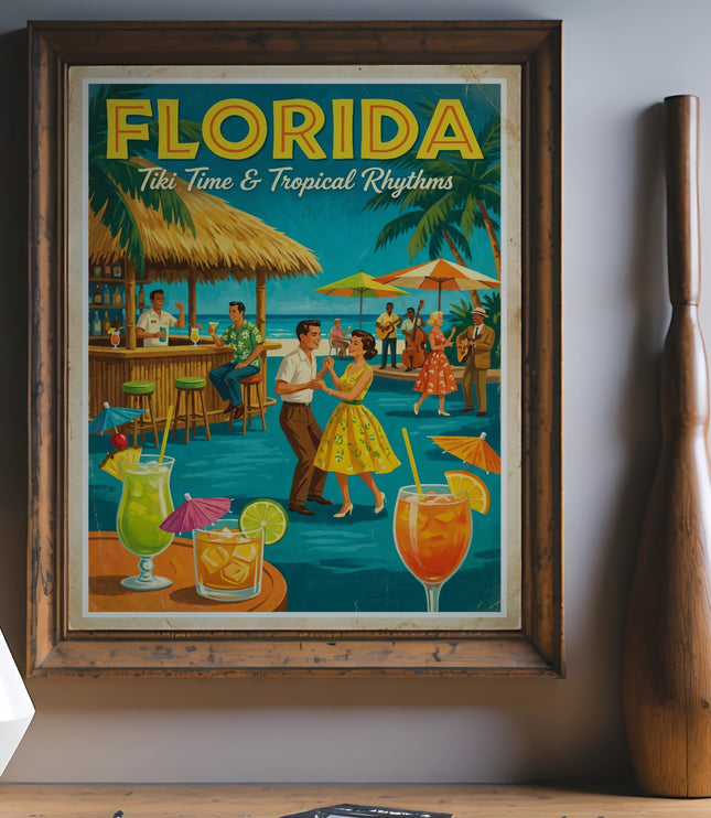 Framed vintage Florida poster with 'Tiki Time & Tropical Rhythms' text.