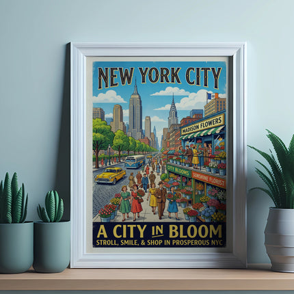 New York City poster with "Madison Flowers" and "A City in Bloom" text.