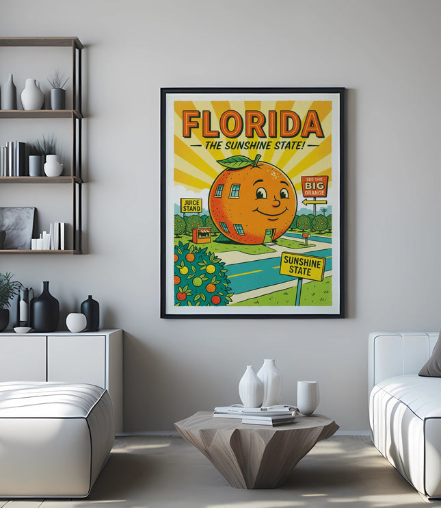Florida sunshine state poster with cartoon orange and vintage roadside attractions.