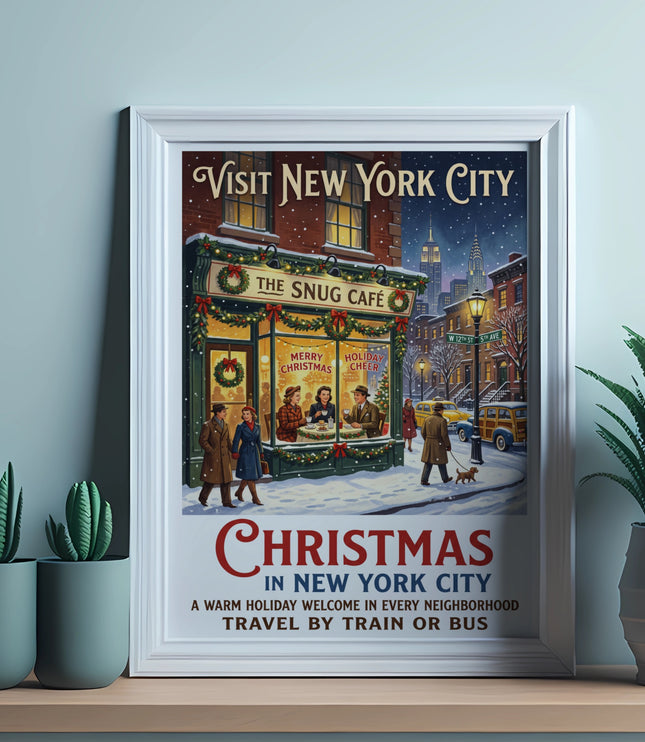 Vintage poster: Visit New York City Christmas, The Snug Cafe, and city skyline.