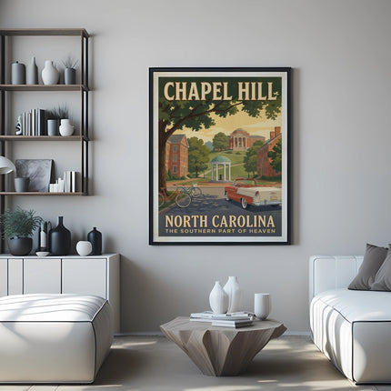 Chapel Hill North Carolina vintage travel poster in a living room setting.