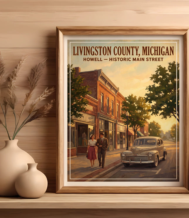 Livingston County, Michigan Howell Historic Main Street vintage poster with couple and car.