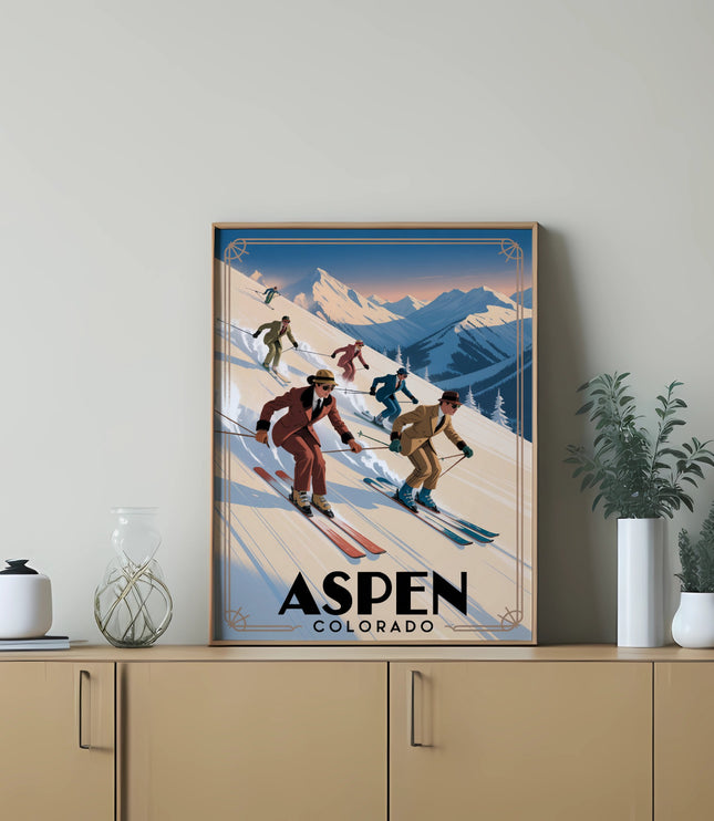 Vintage ski poster for Aspen, Colorado featuring skiers on a snowy slope.