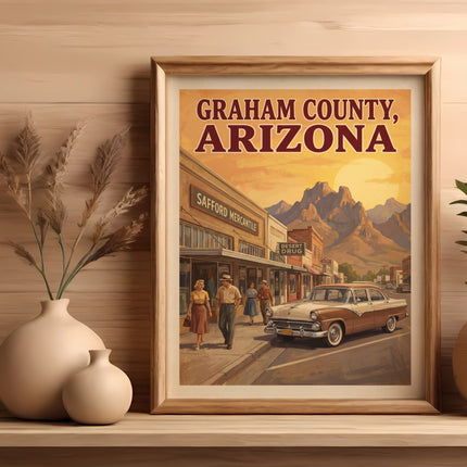 Retro poster of Graham County, Arizona, with vintage car and desert mountains.