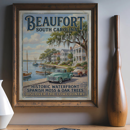Beaufort South Carolina historic waterfront art with Spanish moss and oak trees.