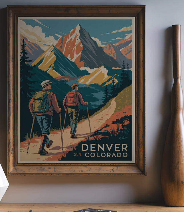 Vintage travel poster of hikers on a mountain trail in Denver, Colorado.