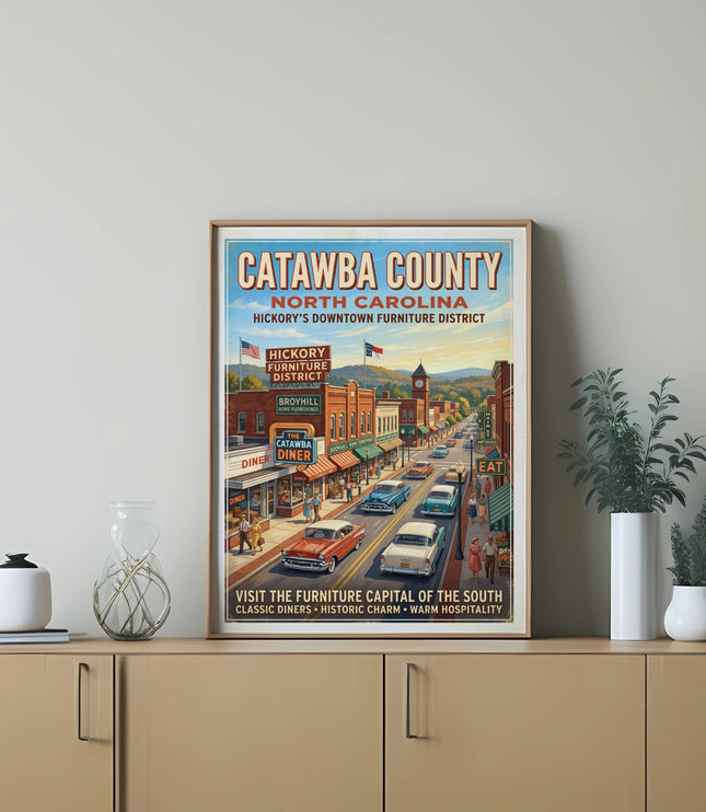 Catawba County North Carolina poster depicting Hickory's downtown furniture district and town square.