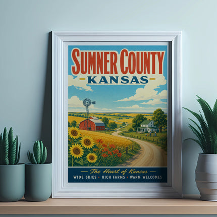Sumner County, Kansas vintage travel poster with barn and sunflowers.