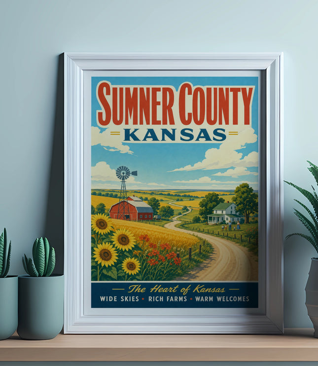 Sumner County, Kansas vintage travel poster with barn and sunflowers.