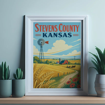Framed poster of Stevens County Kansas farm landscape with windmill and wheat fields.