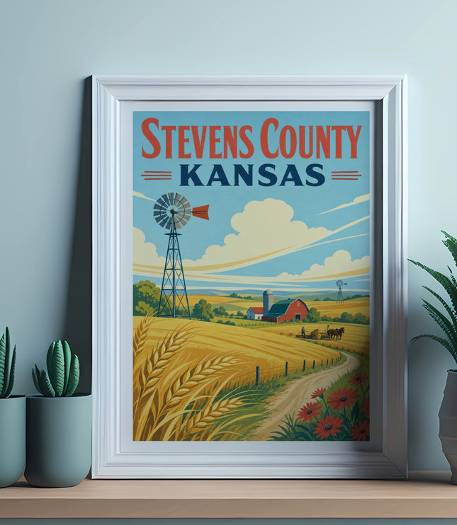 Framed poster of Stevens County Kansas farm landscape with windmill and wheat fields.
