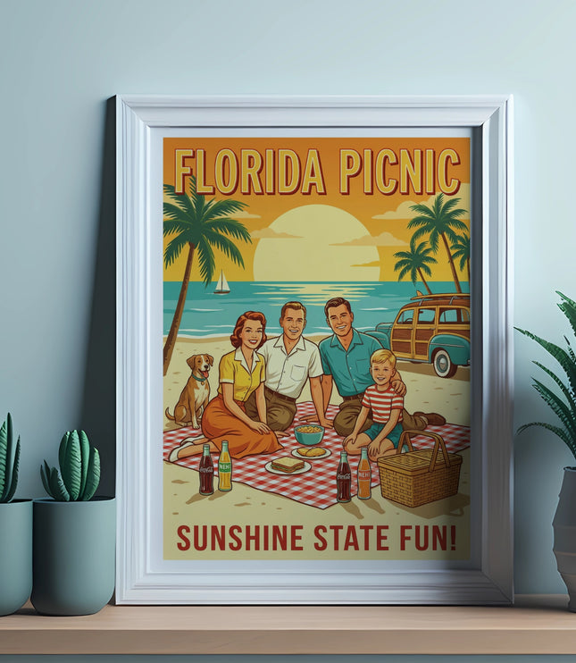 Florida Picnic poster with a family and dog on the beach with a retro car.