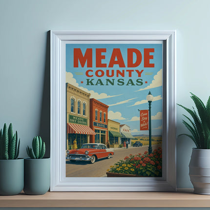 Meade County Kansas vintage poster with vintage car and storefronts.