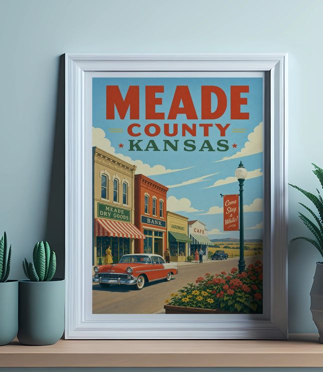 Meade County Kansas vintage poster with vintage car and storefronts.