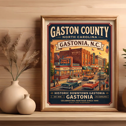 Gastonia, NC historic downtown vintage travel poster featuring diners and classic cars.