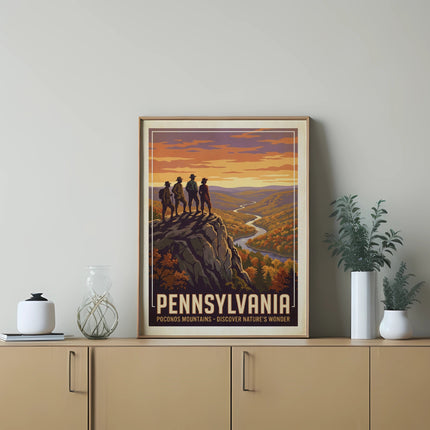 Pennsylvania Pocono Mountains landscape poster with hikers on a ridge.