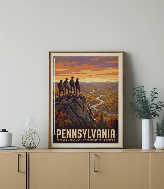 Pennsylvania Pocono Mountains landscape poster with hikers on a ridge.