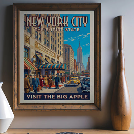 Vintage "New York City The Empire State" travel poster with a street scene.