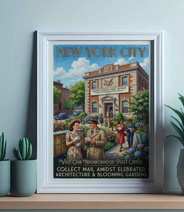 Retro New York City post office poster with people and blooming gardens.