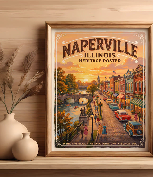 Naperville Illinois Heritage Poster showing downtown riverwalk with people and cars