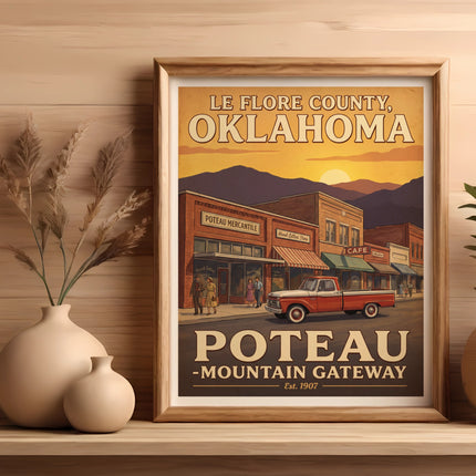 Le Flore County, Oklahoma poster with retro POTOU Mercantile and red pickup truck.