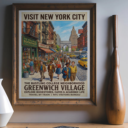 New York City poster of Greenwich Village with text and illustrations.