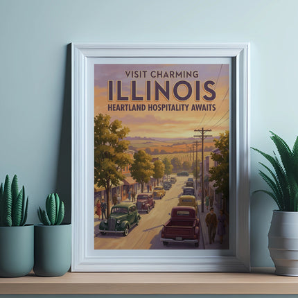 Vintage Illinois road trip scene with a classic car lineup and text.