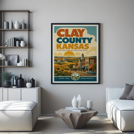 Clay County Kansas poster with a town scene and wheat fields.
