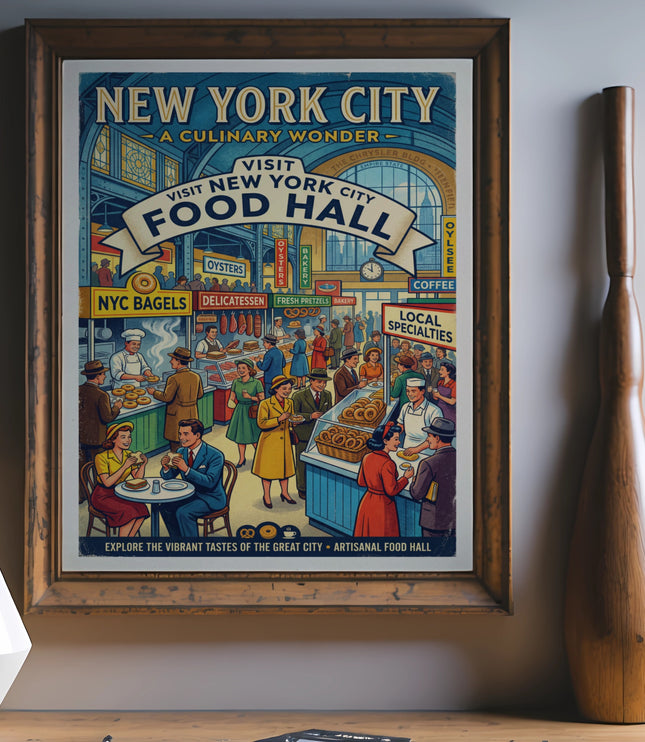 New York City Food Hall vintage poster showing people at food stalls.