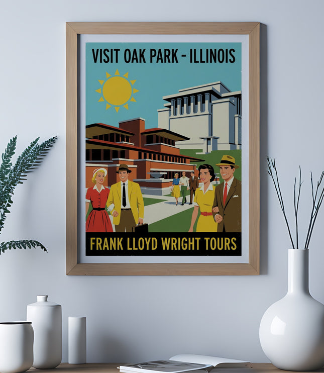 Vintage poster advertising Frank Lloyd Wright tours in Oak Park, Illinois.