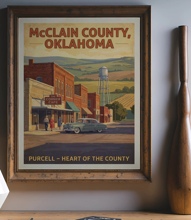 Vintage travel poster of Purcell, Oklahoma, featuring "The Corner Cafe" and a classic car.