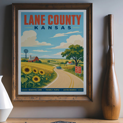 Vintage poster for Lane County, Kansas, with sunflowers, windmill, and text about hospitality.