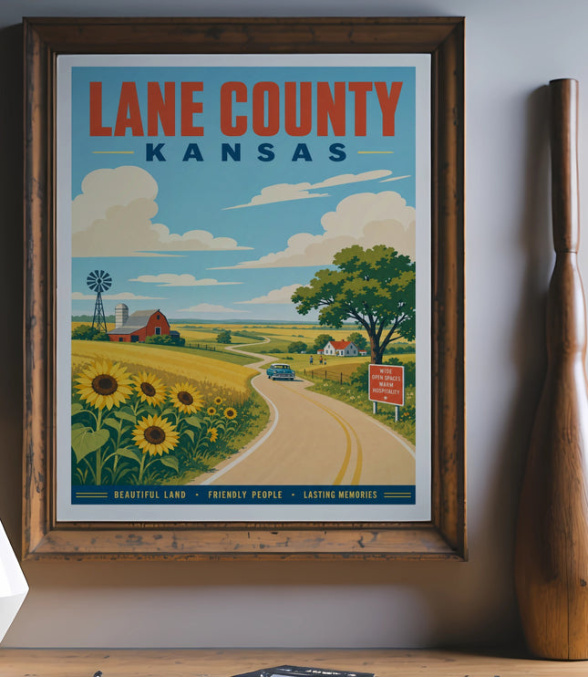 Vintage poster for Lane County, Kansas, with sunflowers, windmill, and text about hospitality.