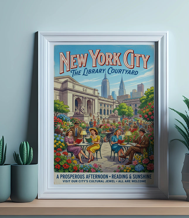 New York City Library Courtyard vintage poster with people reading outside.