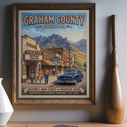 Graham County Arizona poster showing Safford's main street and mountains.