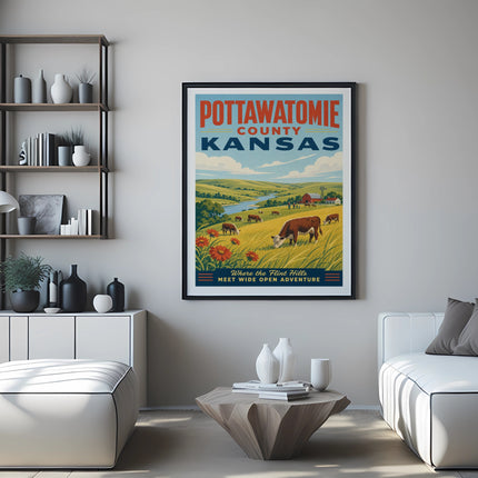 Pottawatomie County Kansas vintage travel poster with cows grazing in a field.