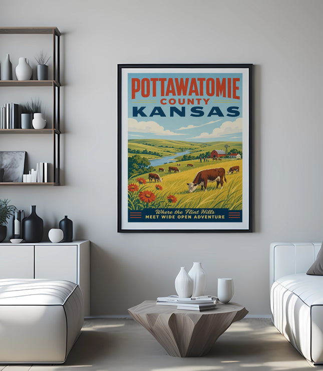 Pottawatomie County Kansas vintage travel poster with cows grazing in a field.