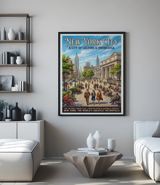 New York City vintage poster with Empire State Building and text.
